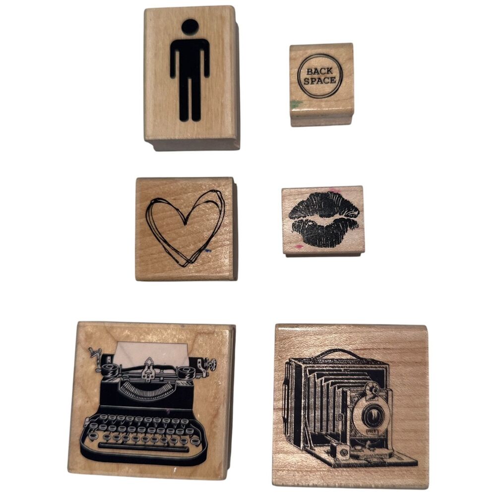 Stampabilities Vintage Wooden Rubber Stamp Lot: Camera,Typewriter,Heart,Lips Man